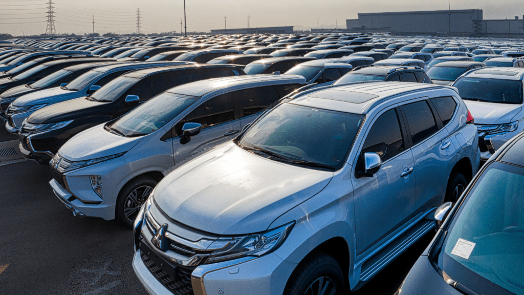 an aerial view of many cars parked in a parking lot